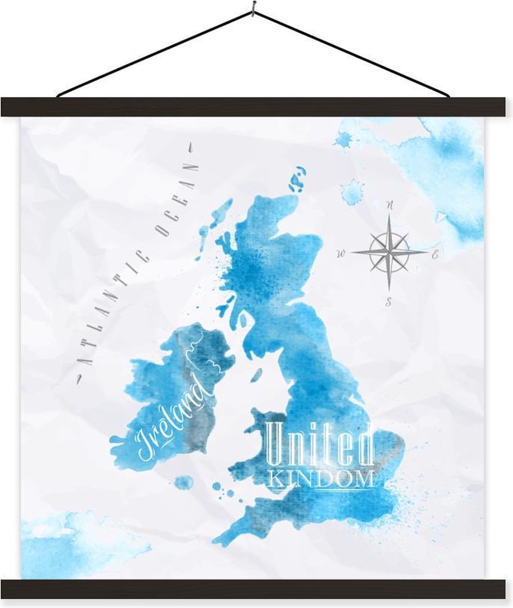 Schoolplaat - Engeland - Wereldkaart - Blauw - 90x90 cm - Zwarte latten