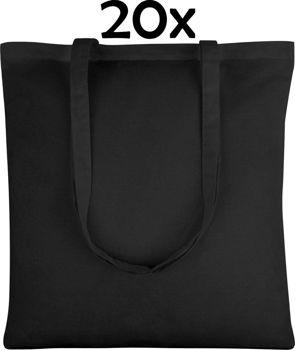 PrimeAmbition Katoenen Tas - Zwart – 42x38cm - 20 Stuks – Tote Bag – Canvas Tas –Shopper – Boodschappentas - Draagtas – Schoudertas