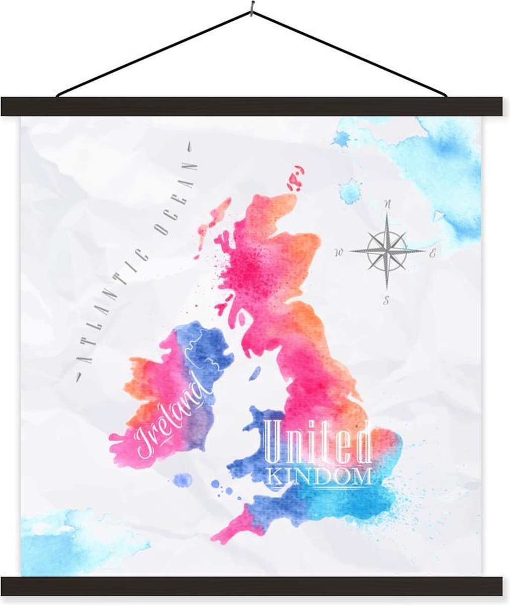 Schoolplaat - Engeland - Wereldkaart - Kleuren - 90x90 cm - Zwarte latten