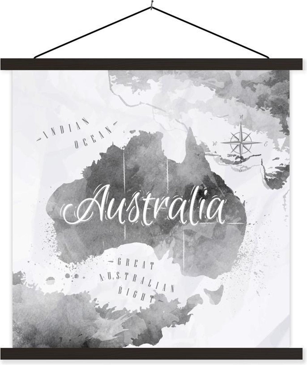 Schoolplaat - Australië - Wereldkaart - Waterverf - 90x90 cm - Zwarte latten