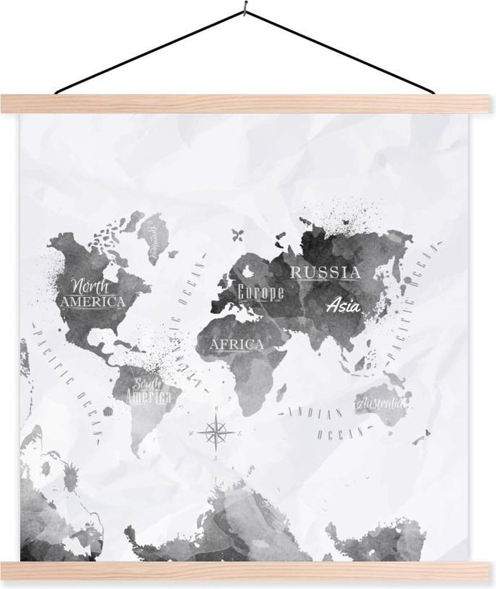 Schoolplaat - Wereldkaarten - Olieverf - Abstract - 90x90 cm - Blanke latten