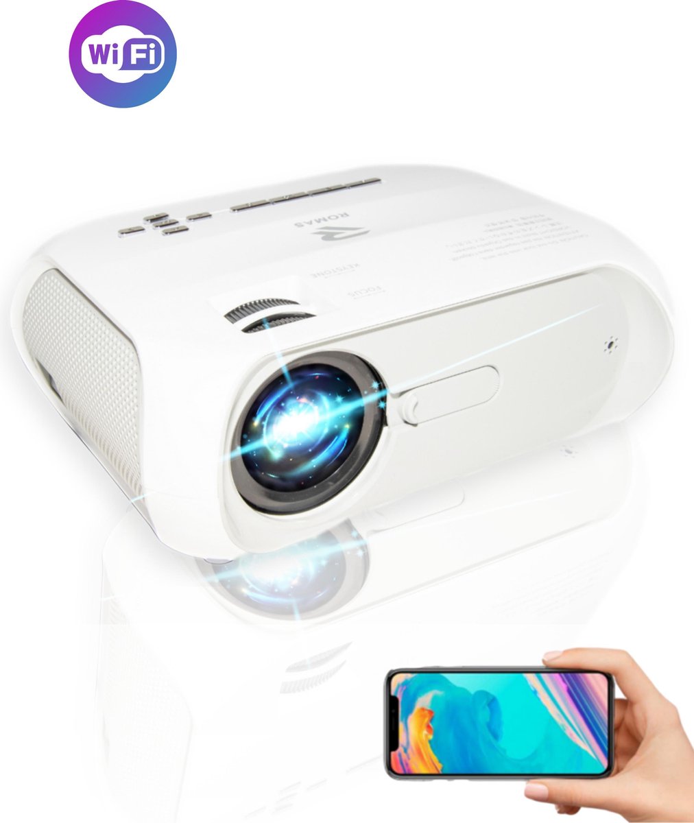 Romas - S5 - Mini Beamer Met Draadloze Projectie - Input tot Full HD  - 7000 Lumen - Geschikt voor Buiten -  Wit- 300Inch