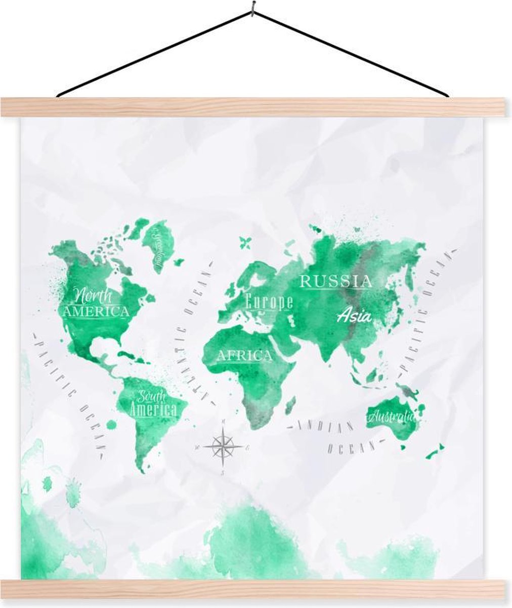 Schoolplaat - Wereldkaarten - Groen - Verf - 120x120 cm - Blanke latten