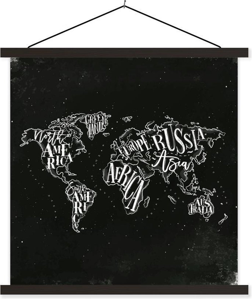 Schoolplaat - Wereldkaart - Zwart - Wit- Sterrenhemel - 60x60 cm - Zwarte latten