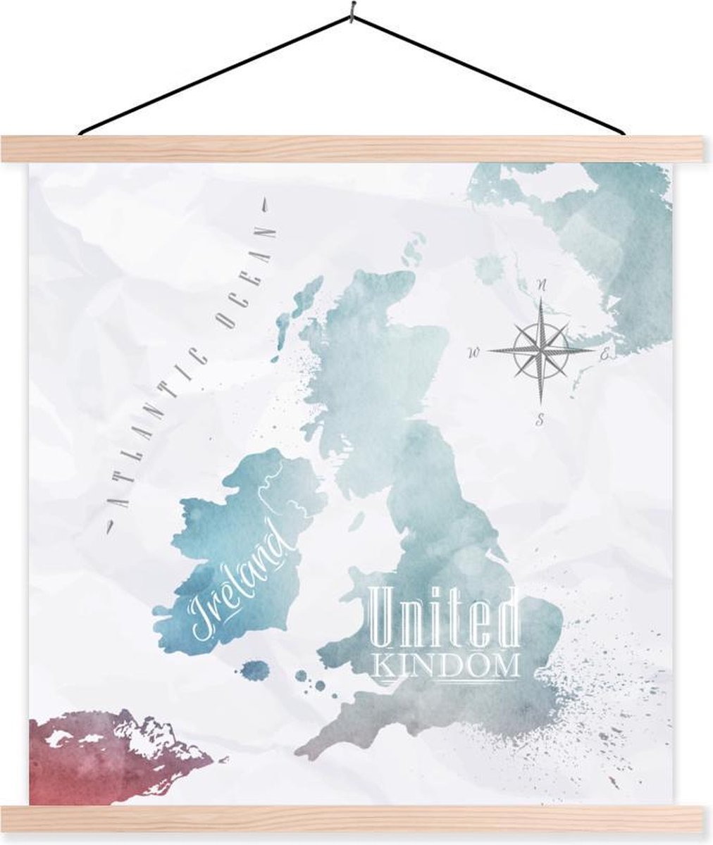 Schoolplaat - Waterverf - Wereldkaart - Engeland - 90x90 cm - Blanke latten