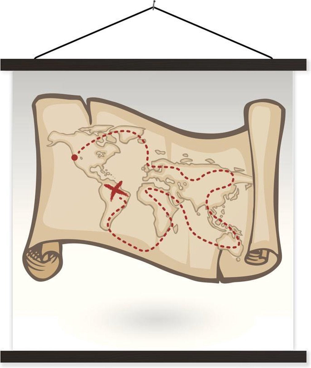 Illustratie van een wereldkaart van een piraat schoolplaat platte latten zwart 90x90 cm - Foto print op textielposter (wanddecoratie woonkamer/slaapkamer)