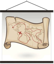 Illustratie van een wereldkaart van een piraat schoolplaat platte latten zwart 90x90 cm - Foto print op textielposter (wanddecoratie woonkamer/slaapkamer)