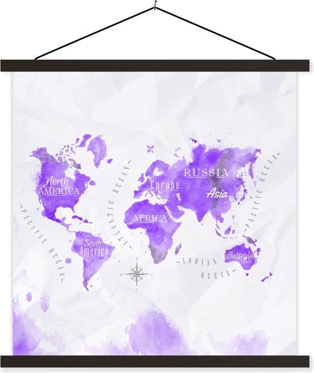 Schoolplaat - Wereldkaarten - Olieverf - Paars - 90x90 cm - Zwarte latten