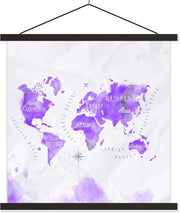 Schoolplaat - Wereldkaarten - Olieverf - Paars - 90x90 cm - Zwarte latten
