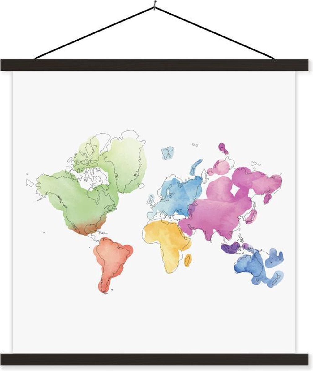 Moderne wereldkaart in waterverf textielposter latten zwart 40x40 cm - Foto print op schoolplaat (wanddecoratie woonkamer/slaapkamer)