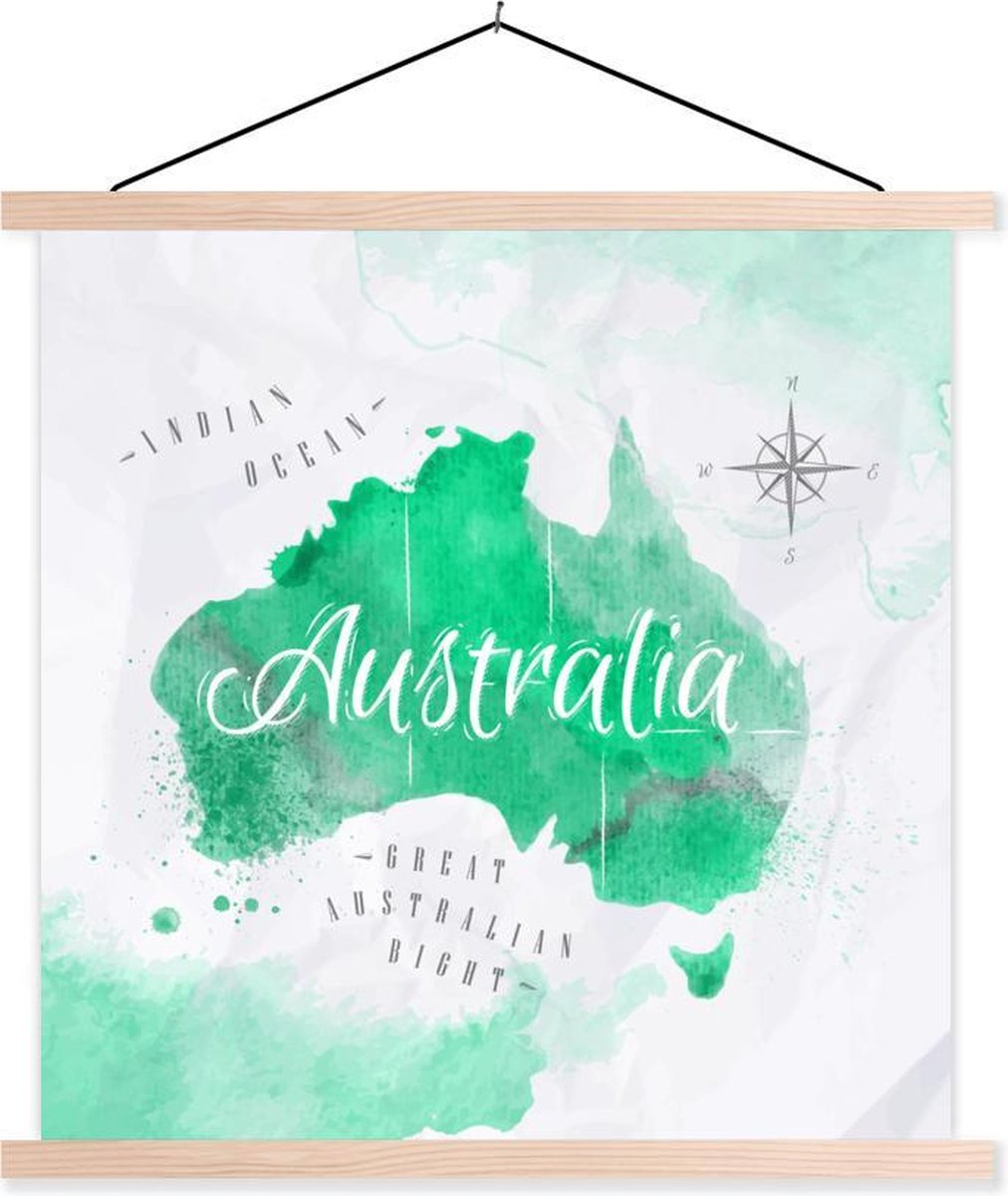 Schoolplaat - Australië - Wereldkaart - Waterverf - 90x90 cm - Blanke latten