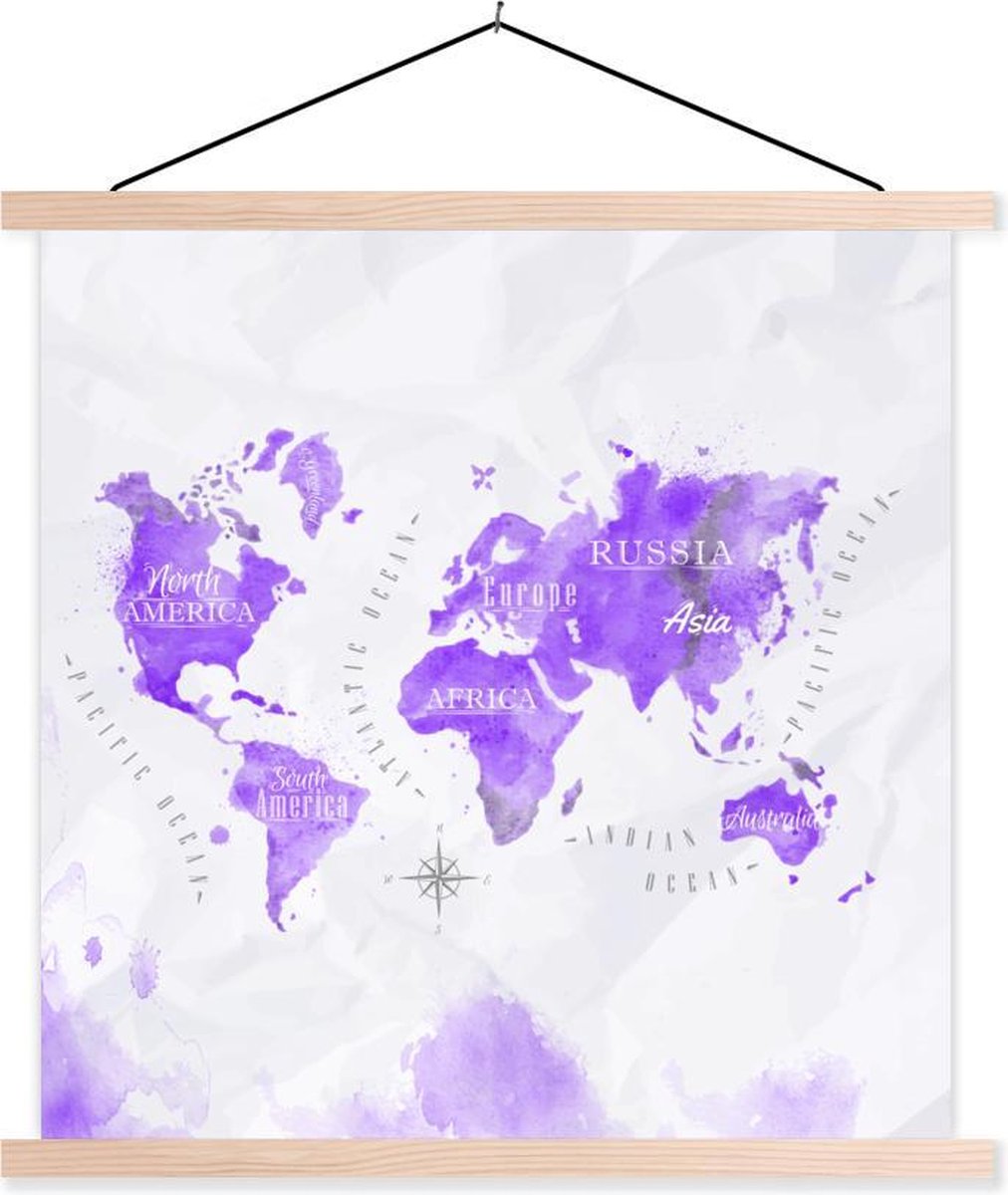 Wereldkaarten - Wereldkaarten - Olieverf - Paars - 60x60 cm - Textielposter