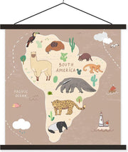 Kaart van Zuid-Amerika met dieren in het bruin 90x90 cm