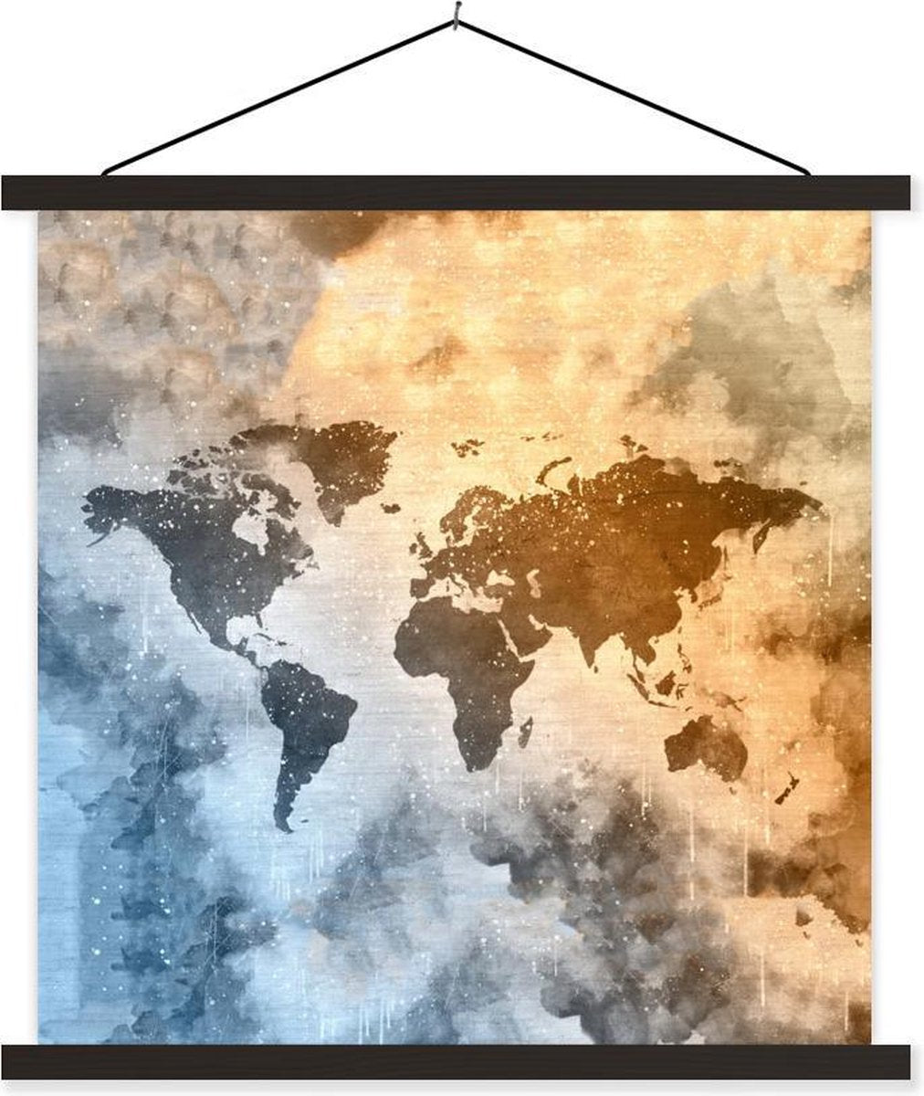 Schoolplaat - Wereldkaart - Abstract - Kleuren - 60x60 cm - Zwarte latten