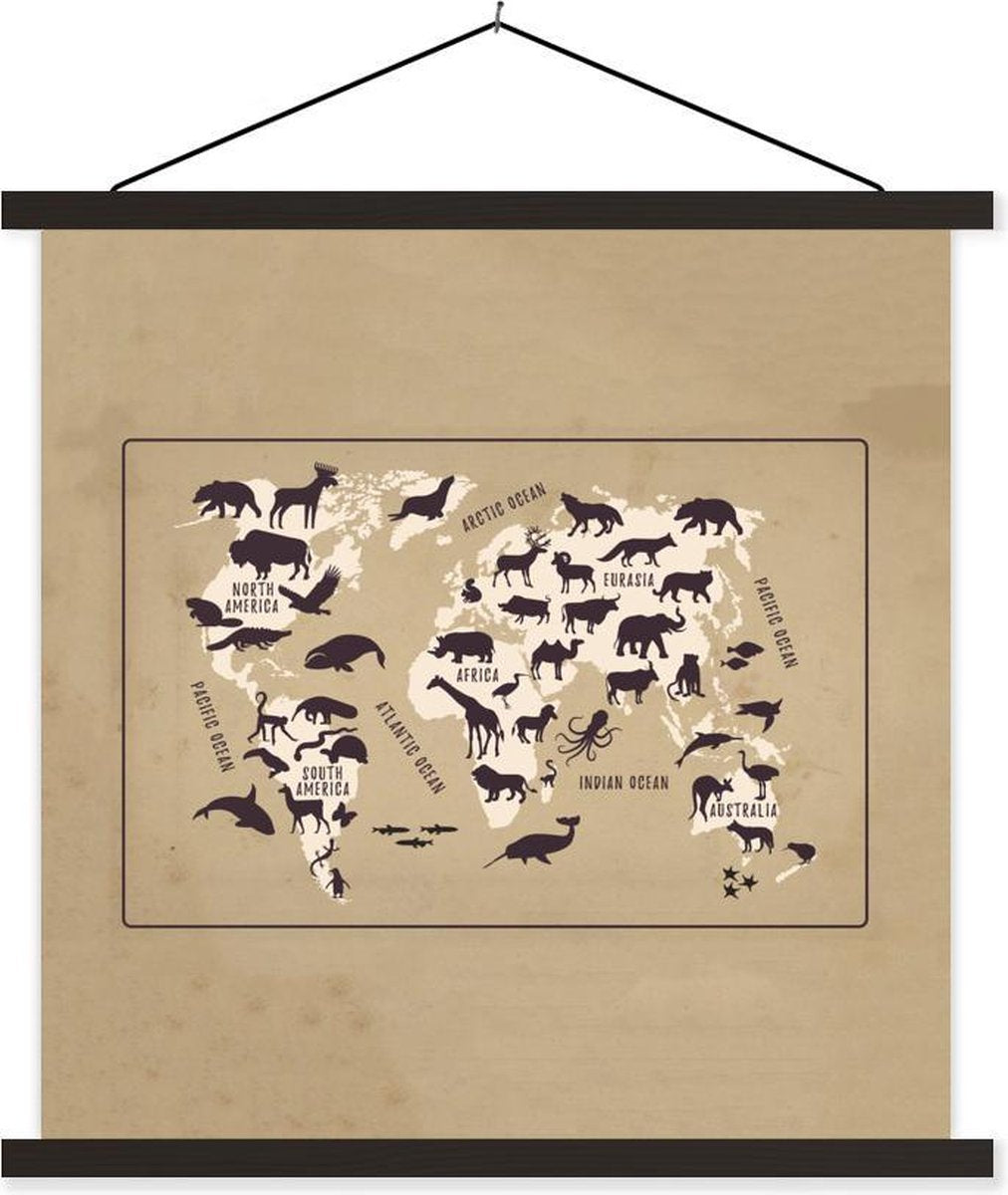 Wereldkaart Kinderen - Dieren - Bruin - 90x90 cm - Schoolplaat