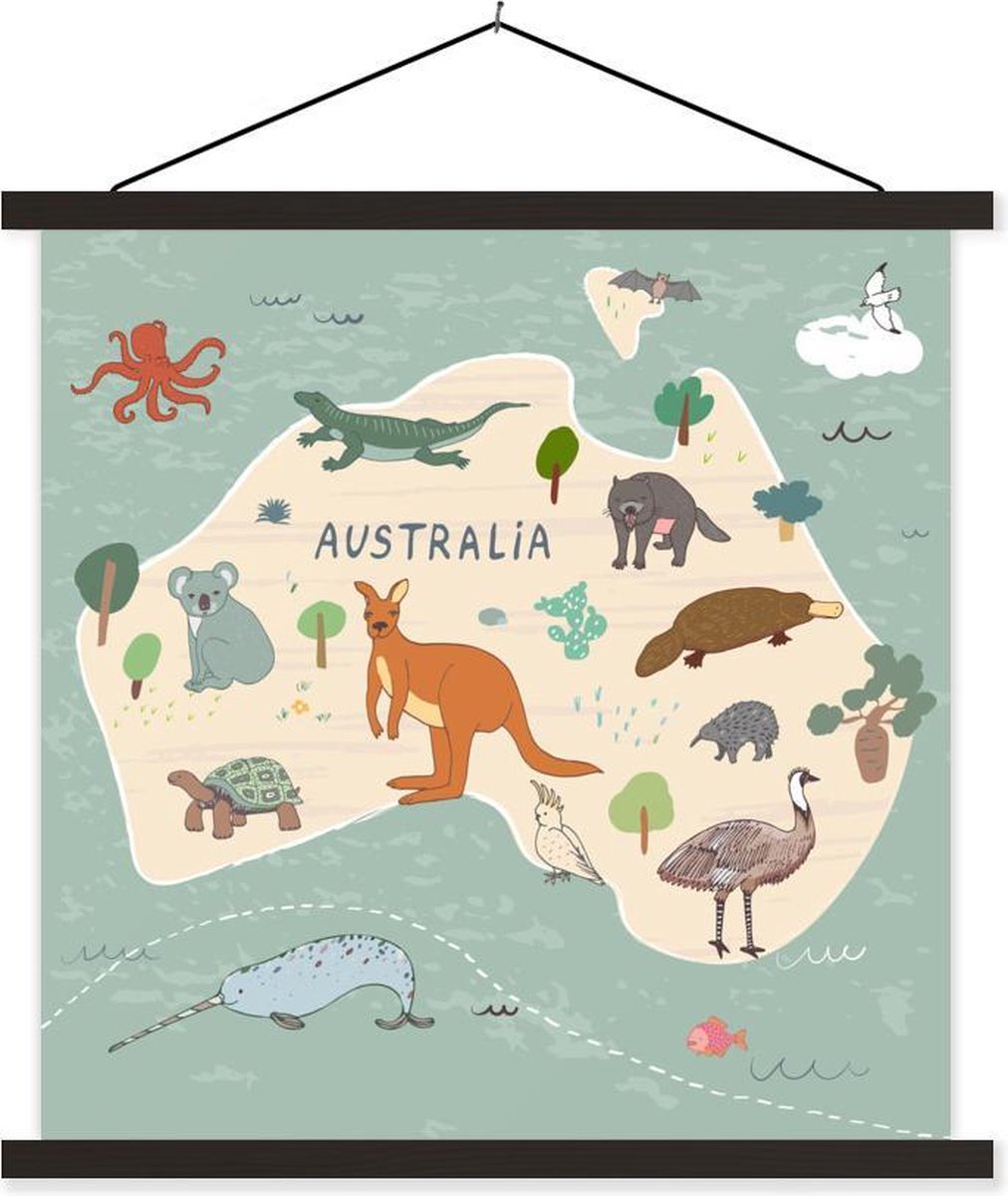 Kaart van Australië met dieren in het groen 90x90 cm