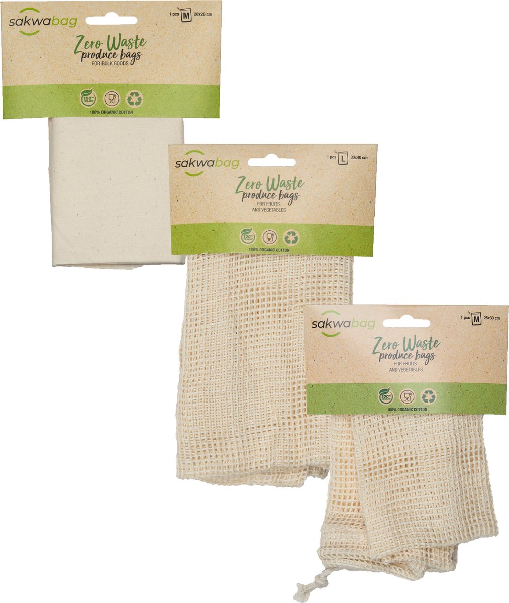 Sakwabag Groente & Fruit zak - Biologisch katoen - Maat M + L + Bulk bag