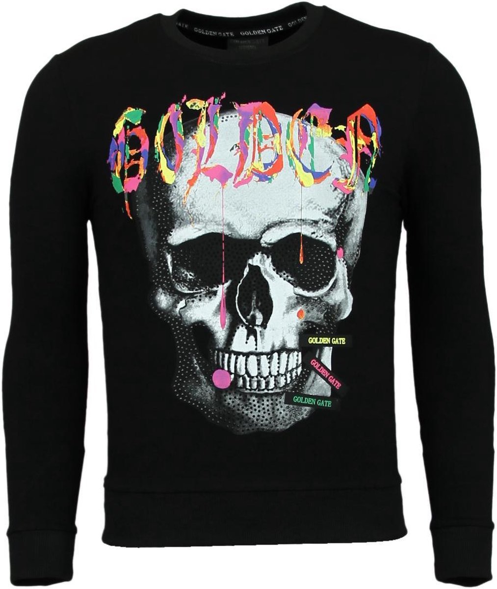 ENOS Trui Heren - Doodskop Sweater Mannen - Golden Skull - Zwart - Maten: S