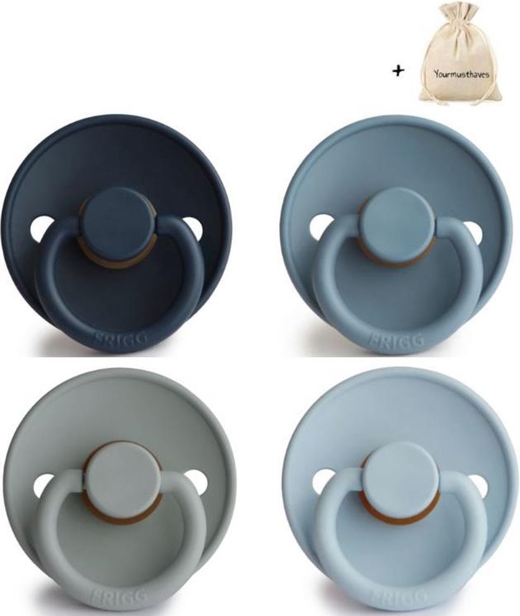 FRIGG | Fopspeen set 4 stuks | T2 | 6-18 maanden | Classic | Silicone | Dark Navy + Glacier Blue + French Gray + Baby Blue | Met YOURMUSTHAVES speenzakje