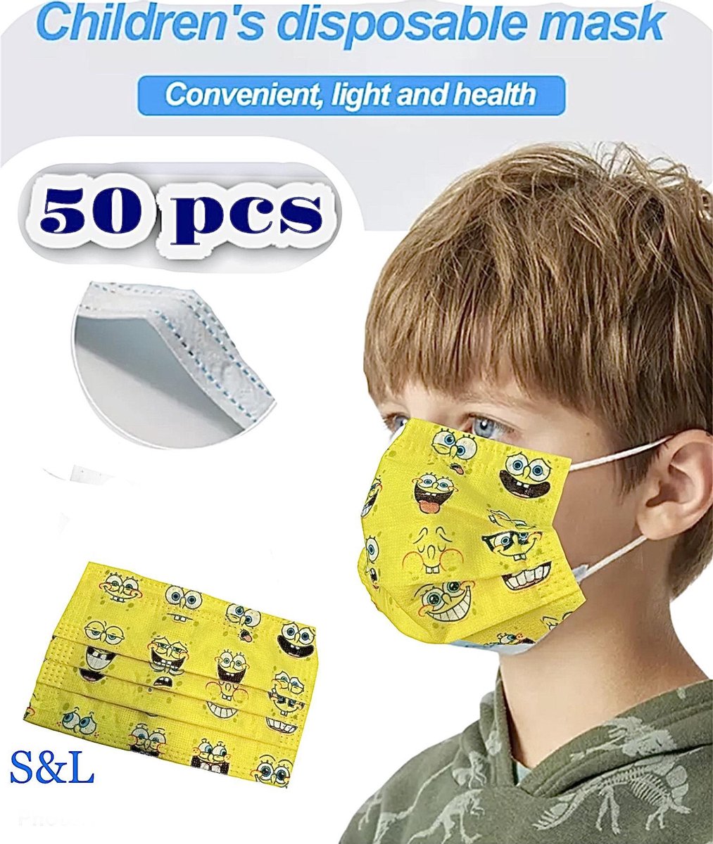 kinder mondkapje mondmasker kind 50 stuks wegwerp - SpongeBob bedrukt- mondkapje kind mondmasker kinderen - bedrukt - wegwerp - 3 laags hoge kwaliteit