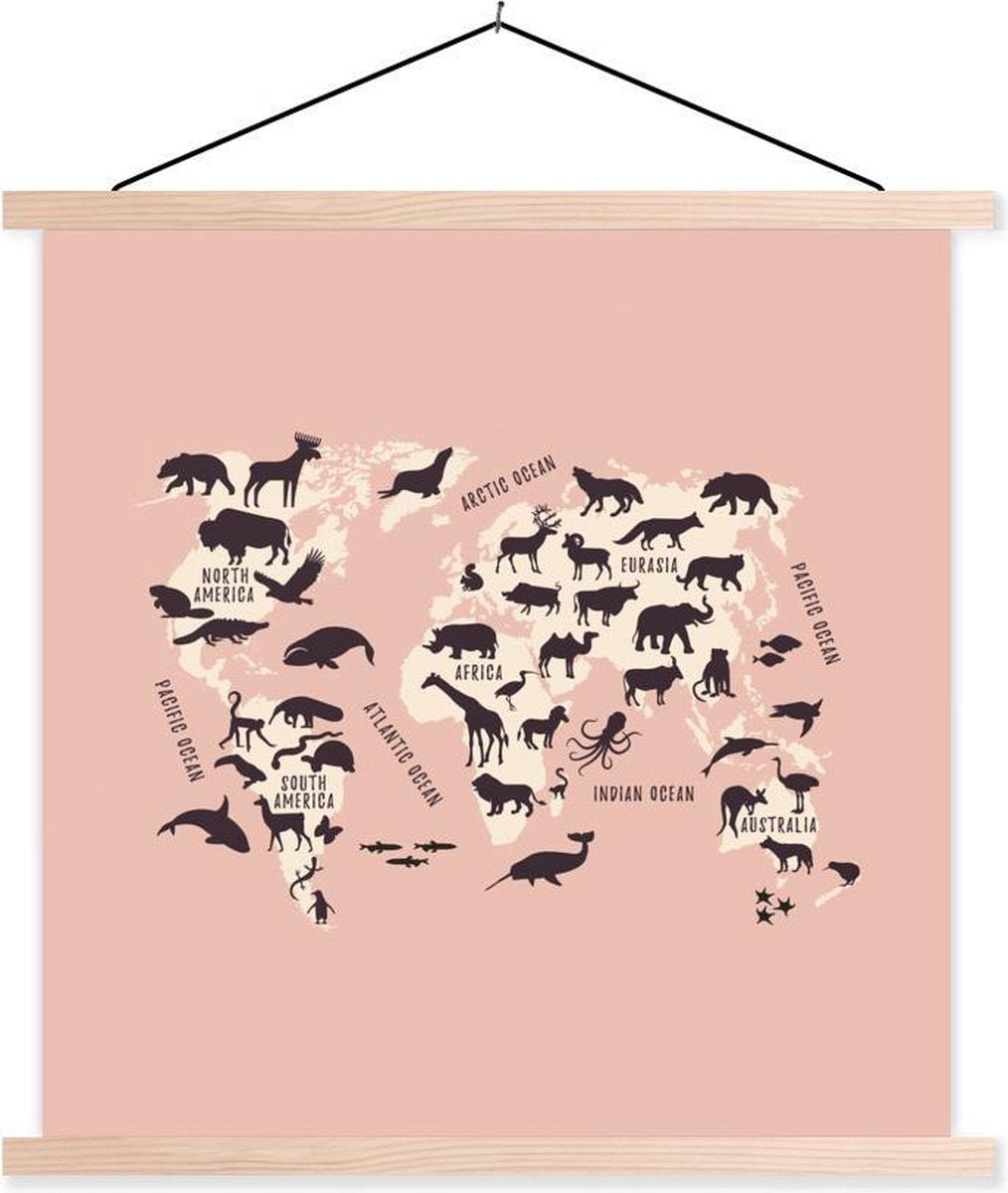 Wereldkaart Kinderen - Roze - Dieren - 60x60 cm - Schoolplaat