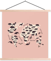 Wereldkaart Kinderen - Roze - Dieren - 40x40 cm - Schoolplaat