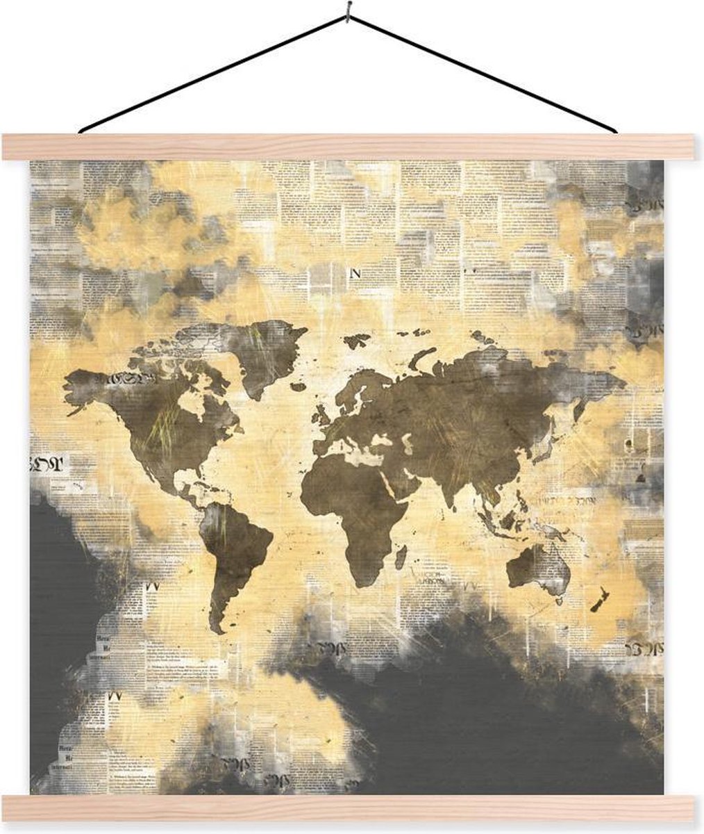 Schoolplaat - Wereldkaart - Abstract - Kranten - 120x120 cm - Blanke latten