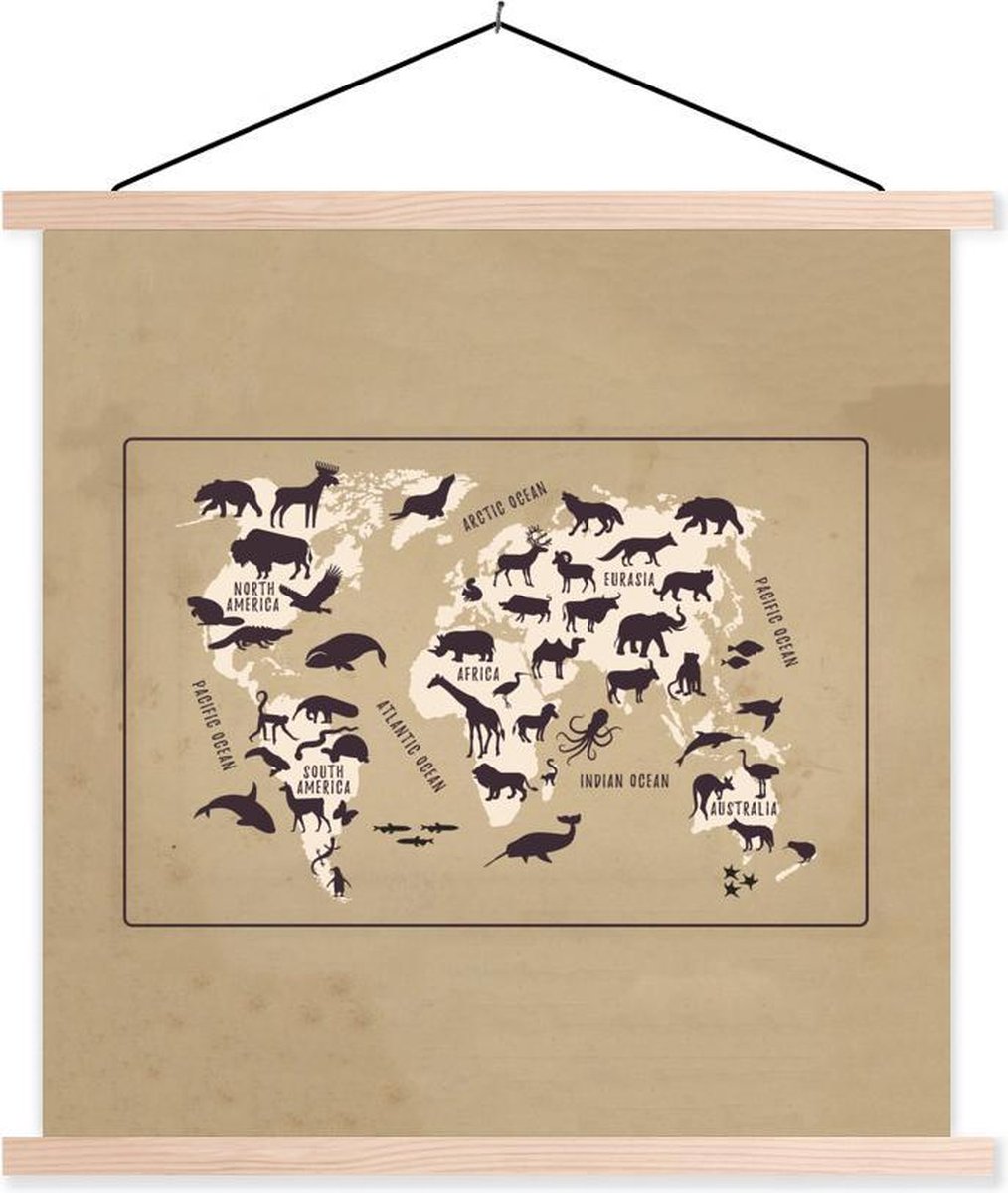 Wereldkaart Kinderen - Dieren - Bruin - 120x120 cm - Schoolplaat