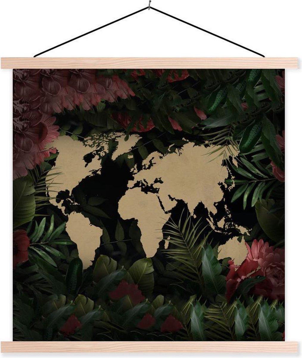 Schoolplaat - Wereldkaart - Planten - Bloemen - 60x60 cm - Blanke latten
