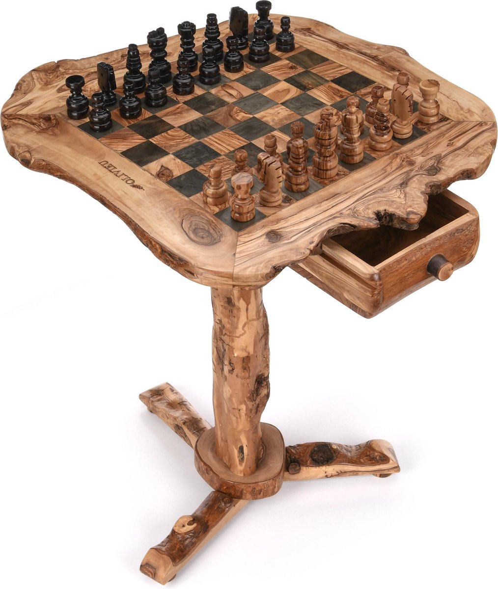 OLIVIEU ~ Olijfhouten / Houten Schaakbord Tafel ~ 52 cm x 61 cm ~ Schaaktafel ~ Schaakspel ~ Intelligent ~ Origineel Relatiegeschenk ~ Uniek Interieur Object