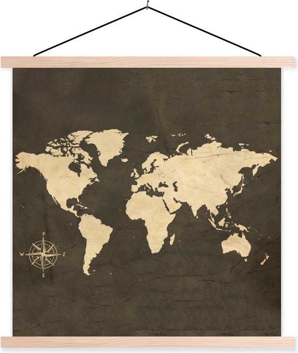 Schoolplaat - Wereldkaart - Windroos - Wit - 60x60 cm - Blanke latten