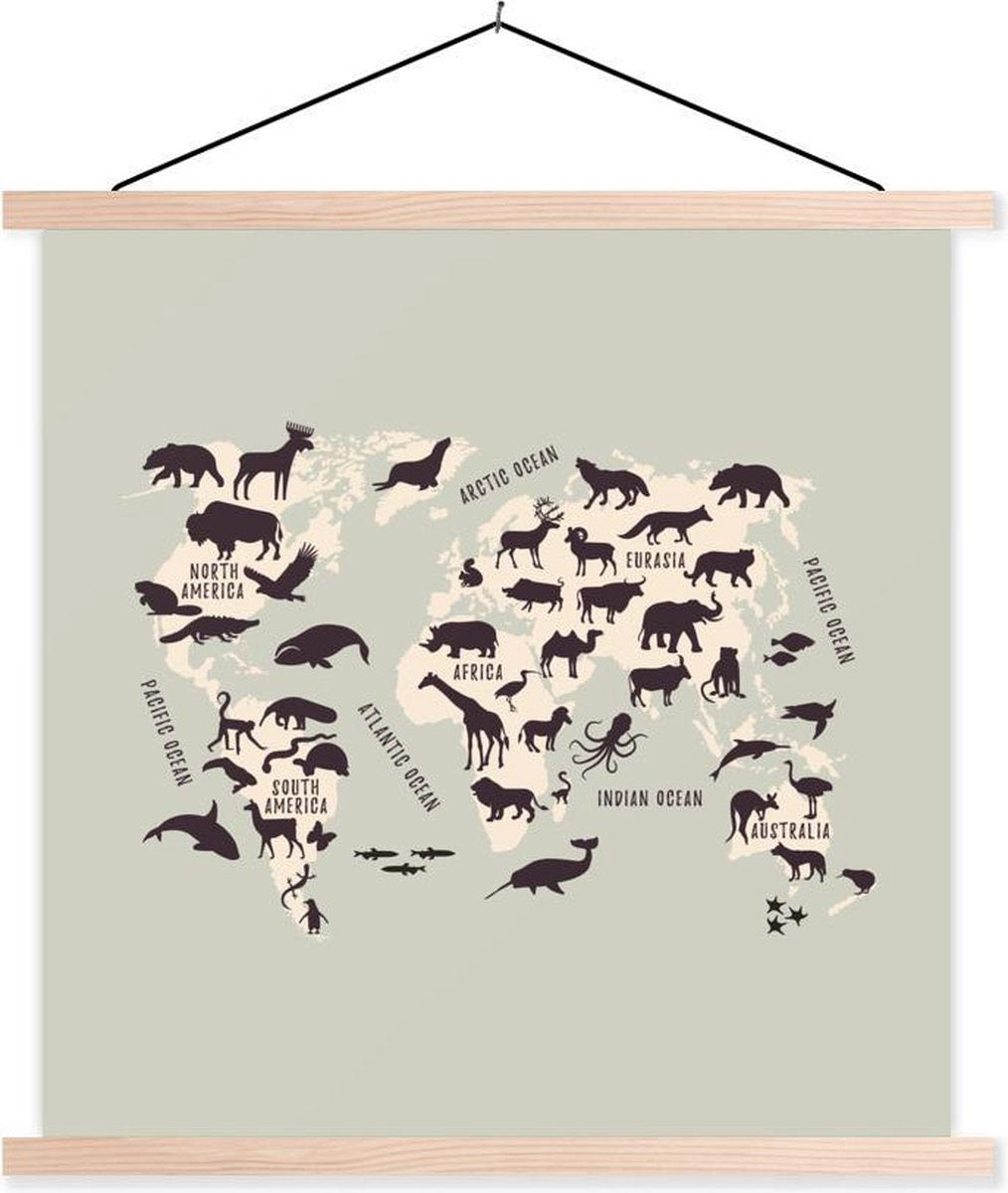 Wereldkaart Kinderen - Dieren - Beige - 90x90 cm - Schoolplaat