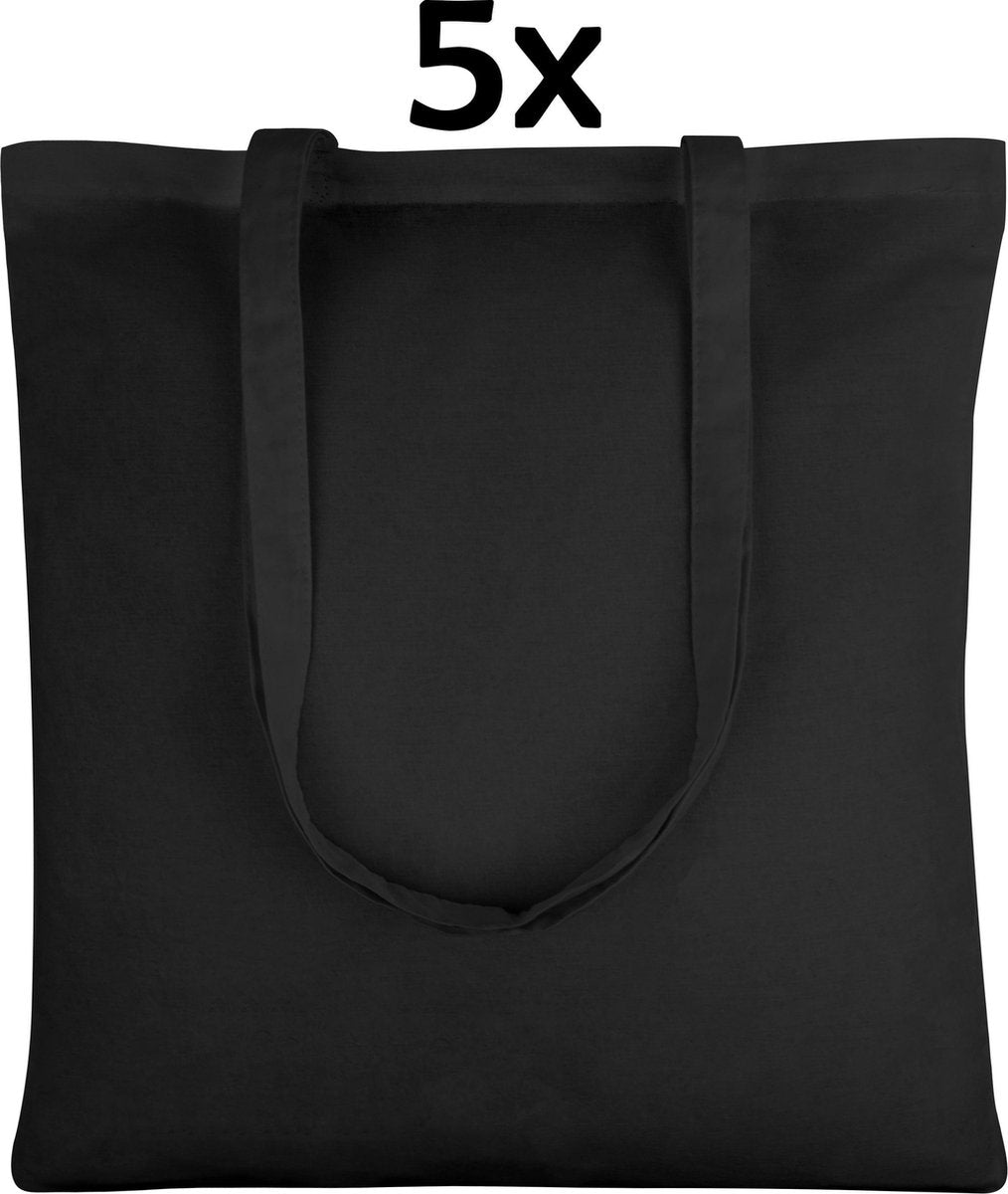 PrimeAmbition Katoenen Tas - Zwart – 42x38cm - 5 Stuks – Tote Bag – Canvas Tas –Shopper – Boodschappentas - Draagtas – Schoudertas