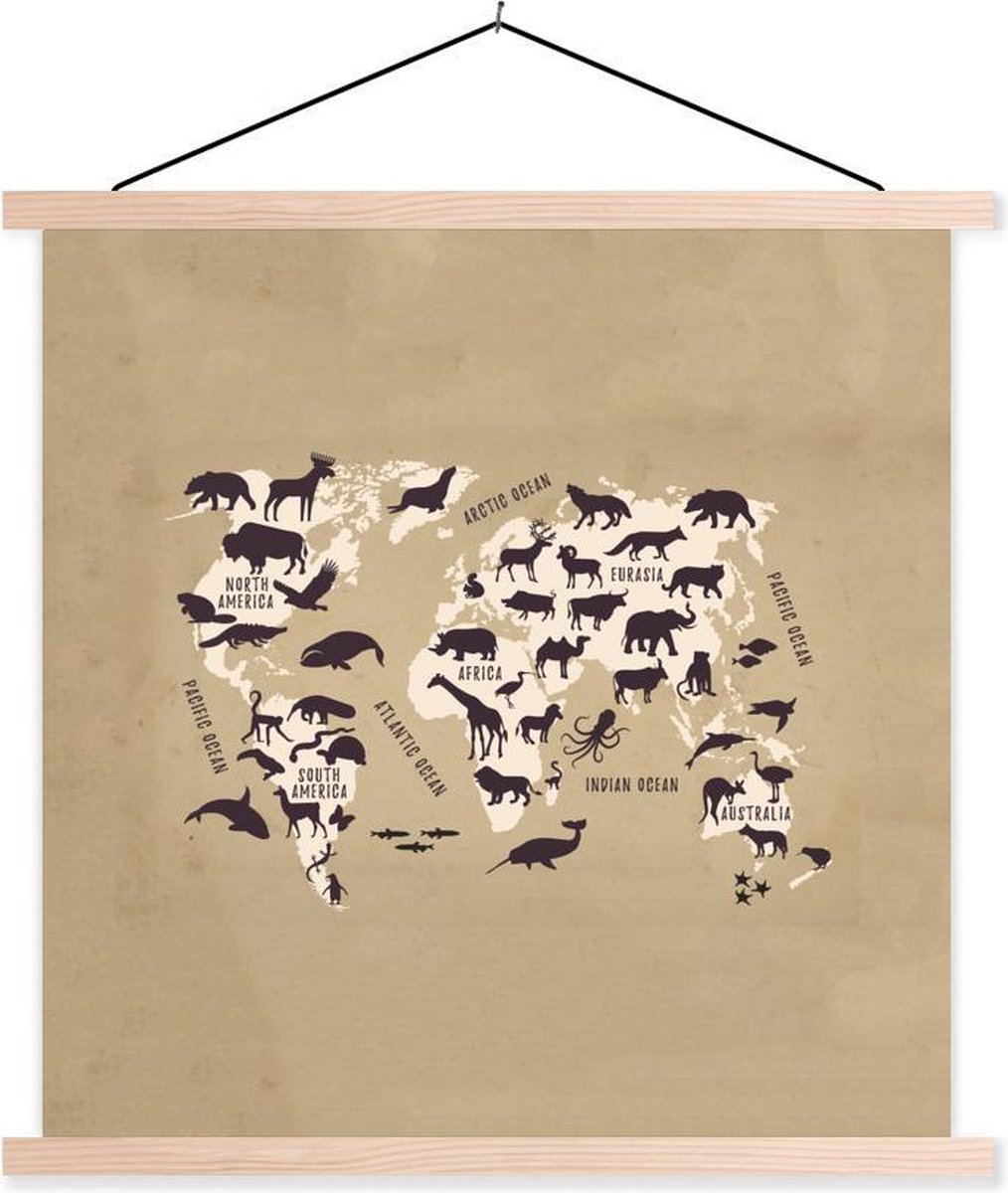 Wereldkaart Kinderen - Dieren - Bruin - 120x120 cm - Schoolplaat