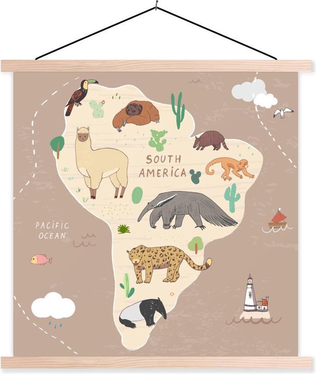Kaart van Zuid-Amerika met dieren in het bruin 40x40 cm