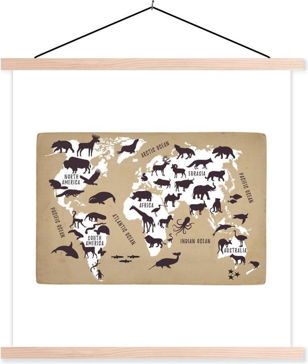 Wereldkaart Kinderen - Wit - Dieren - 120x120 cm - Schoolplaat