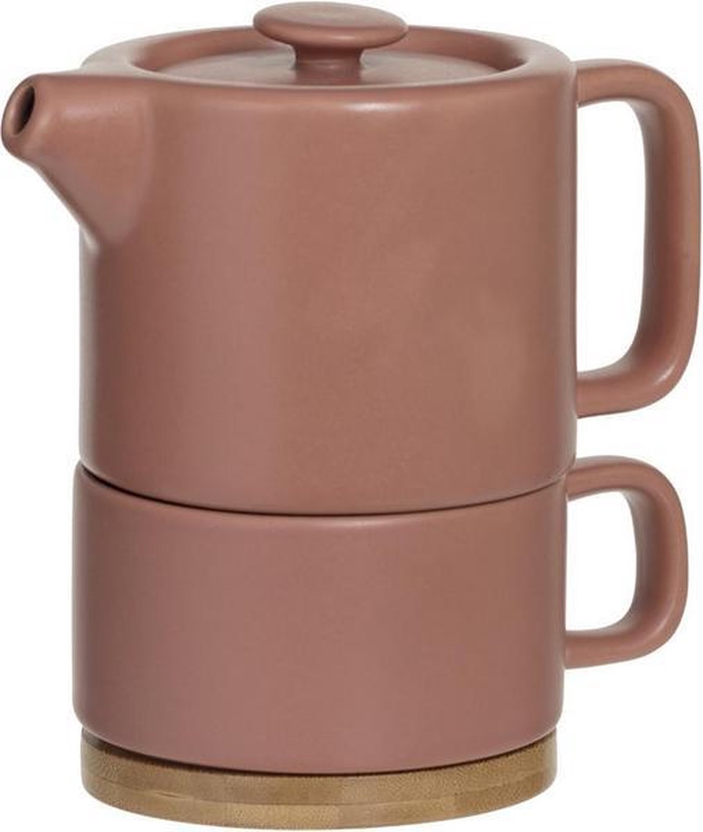 3 IN 1 THEEPOT + KOPJE + ONDERZETTER KERAMIEK OUD ROZE