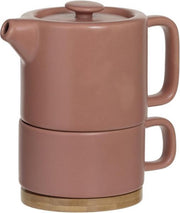 3 IN 1 THEEPOT + KOPJE + ONDERZETTER KERAMIEK OUD ROZE
