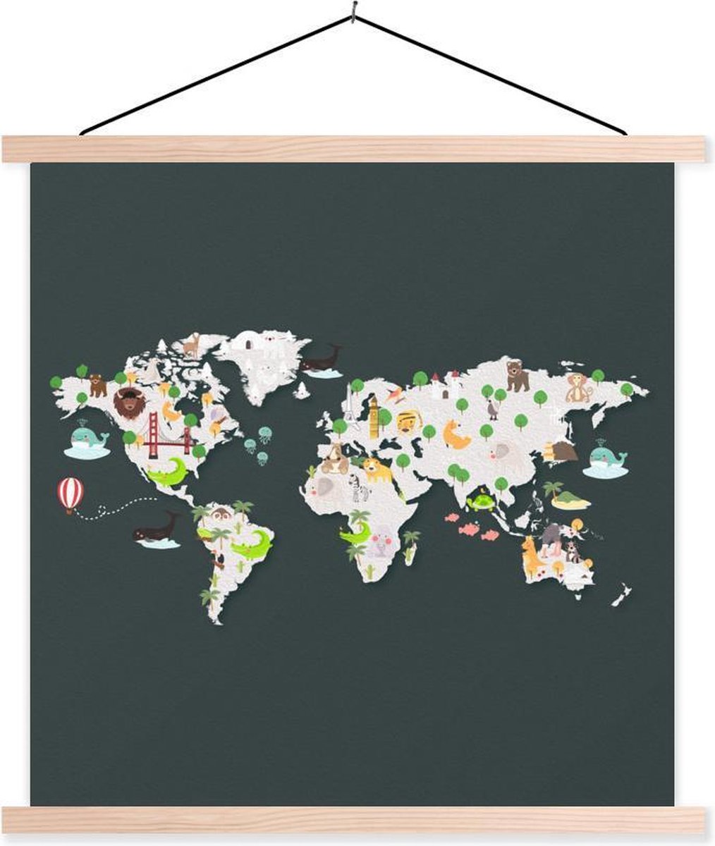 Wereldkaart Kinderen - Illustraties - Kleuren - 120x120 cm - Schoolplaat