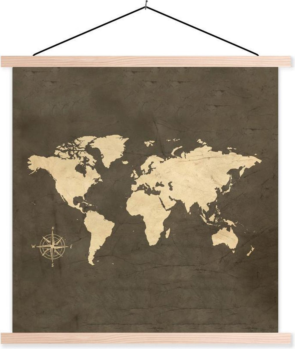 Schoolplaat - wereldkaart - Vintage - Windroos - 90x90 cm - Blanke latten