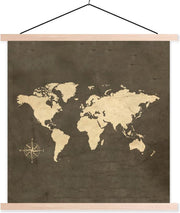 Schoolplaat - wereldkaart - Vintage - Windroos - 90x90 cm - Blanke latten