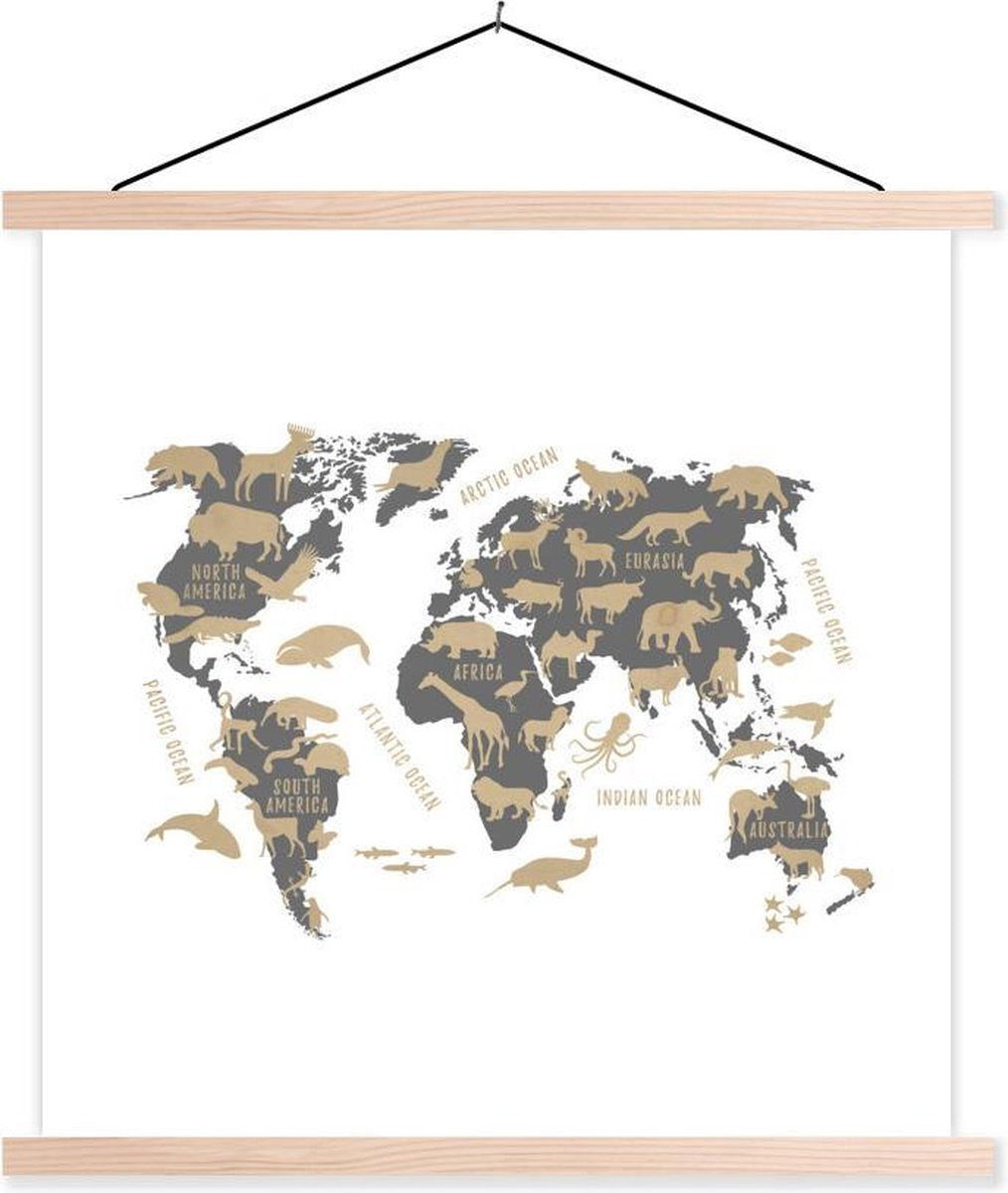 Wereldkaart Kinderen - Bruin - Dieren - 60x60 cm - Schoolplaat