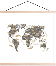 Wereldkaart Kinderen - Bruin - Dieren - 60x60 cm - Schoolplaat