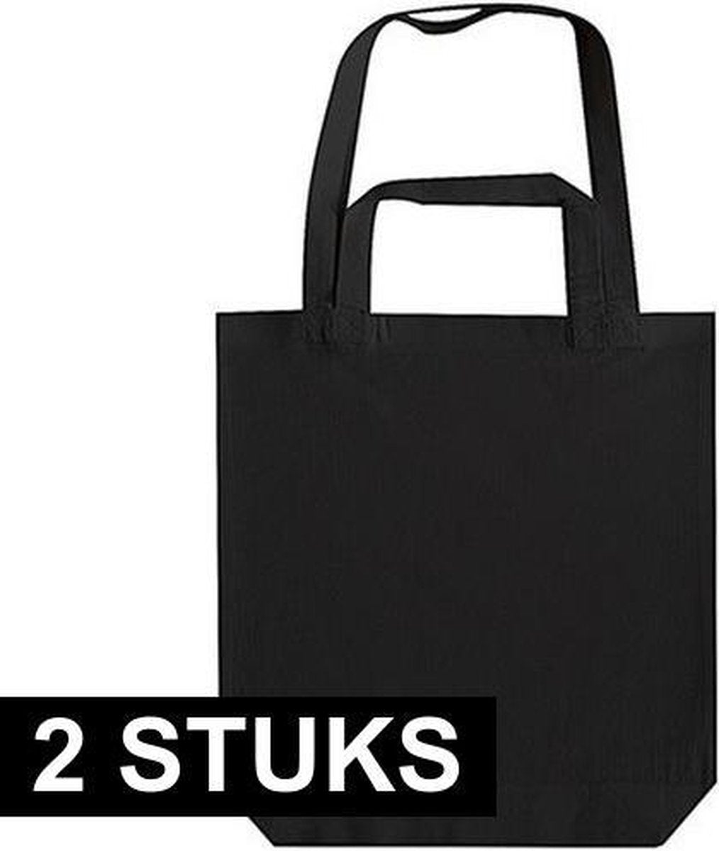 2x Zwarte canvas tassen met dubbel hengsel 38 x 42 cm- Bedrukbare katoenen tas/shopper