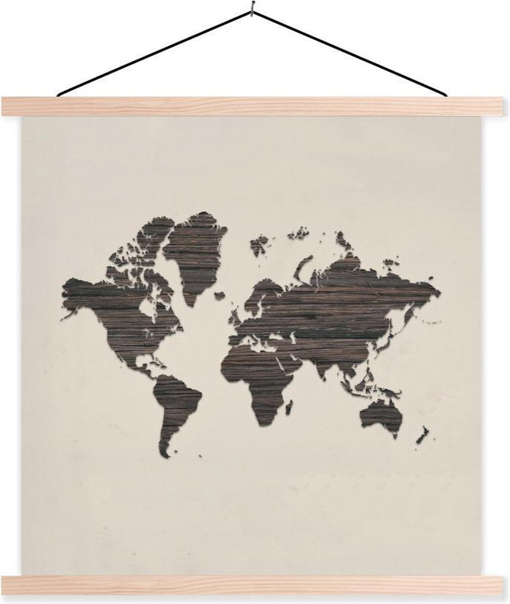 Schoolplaat - Wereldkaart - Bruin - Hout - 90x90 cm - Blanke latten