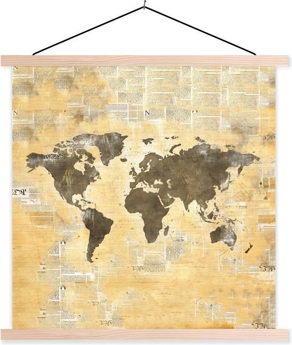 Schoolplaat - Wereldkaart - Waterverf - Vintage - 120x120 cm - Blanke latten