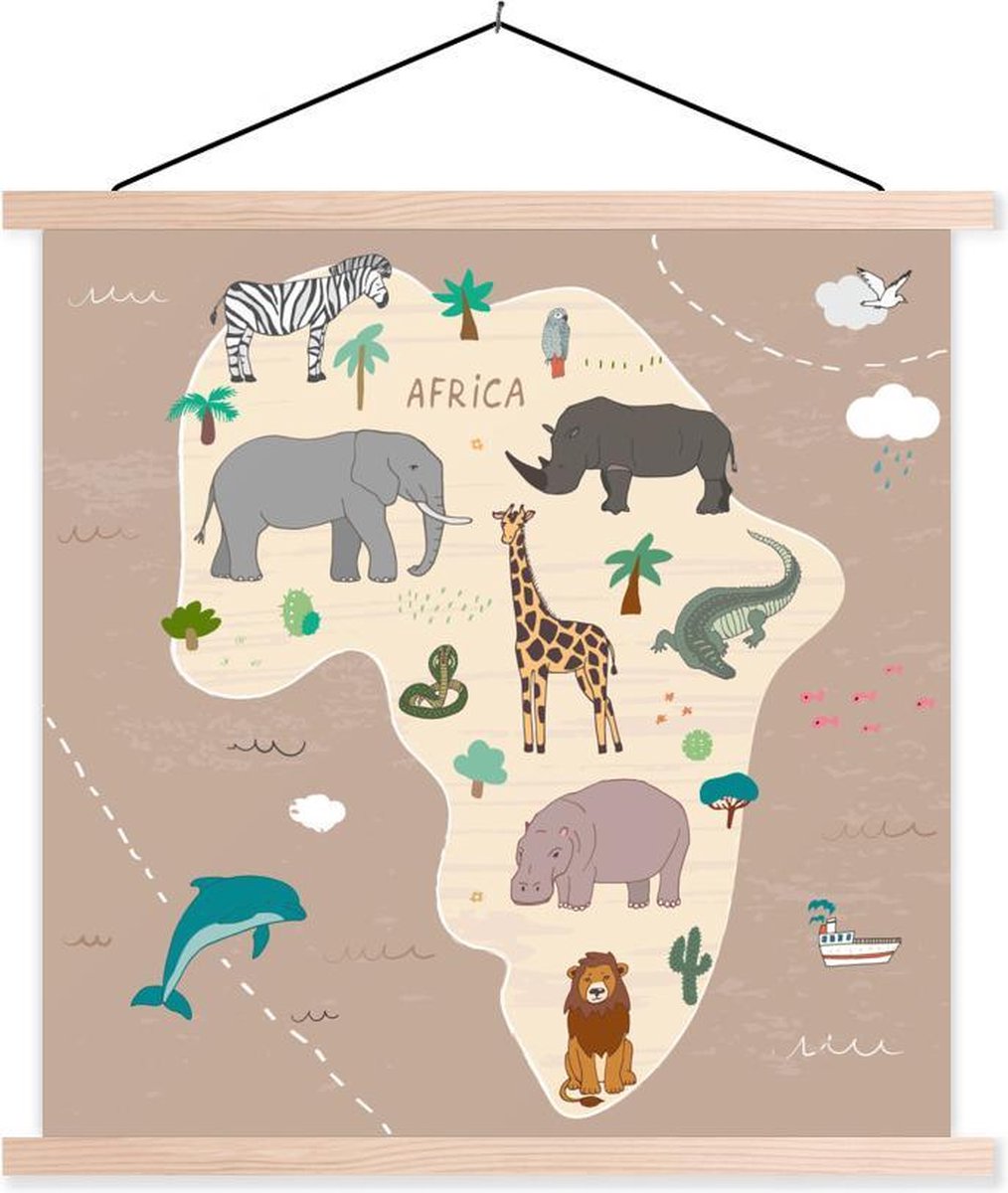 Kaart van Afrika met dieren in het bruin 90x90 cm