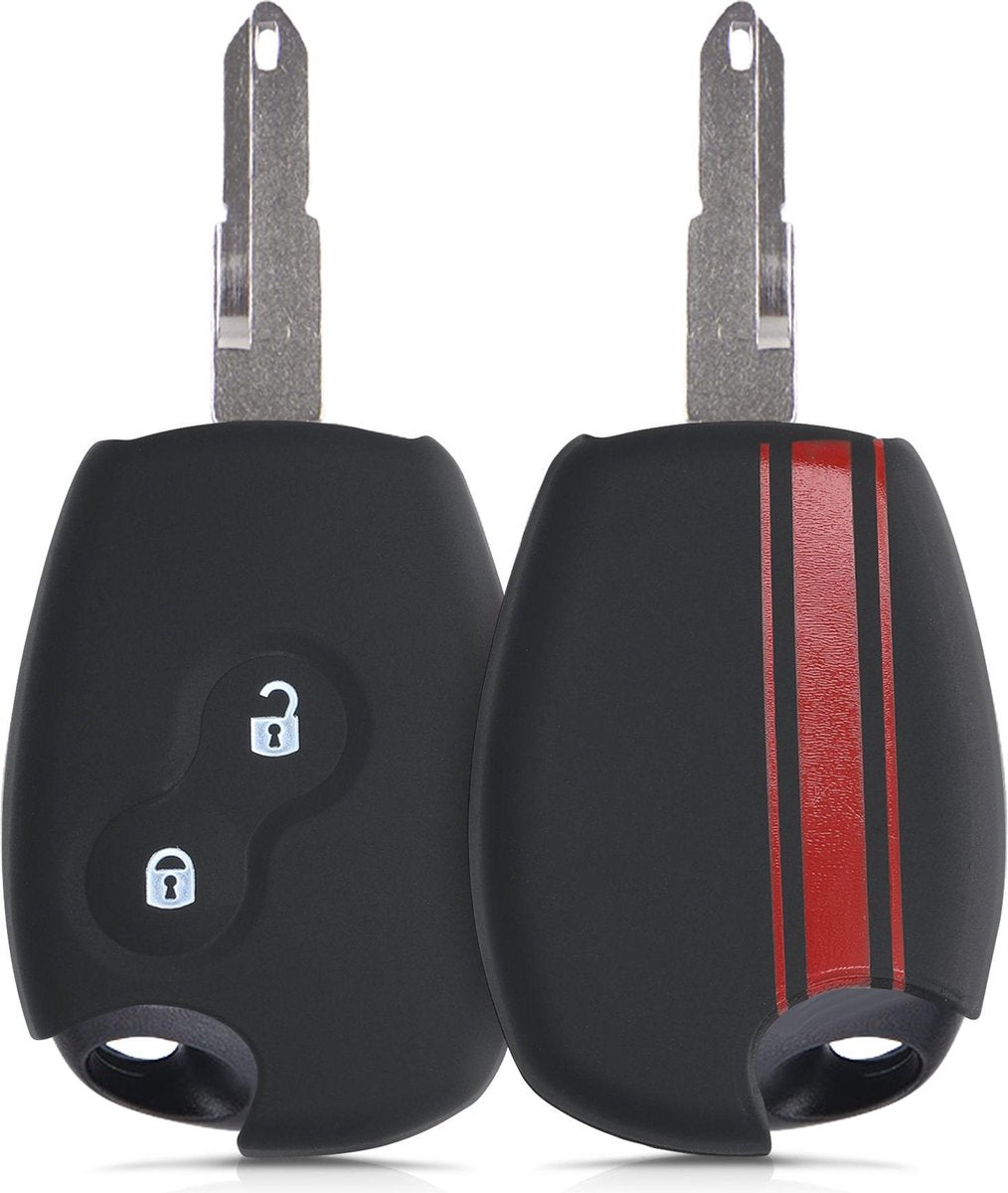 kwmobile autosleutelhoes voor Renault Dacia 2-knops autosleutel - Siliconen beschermhoes in rood / zwart - Rallystrepen design