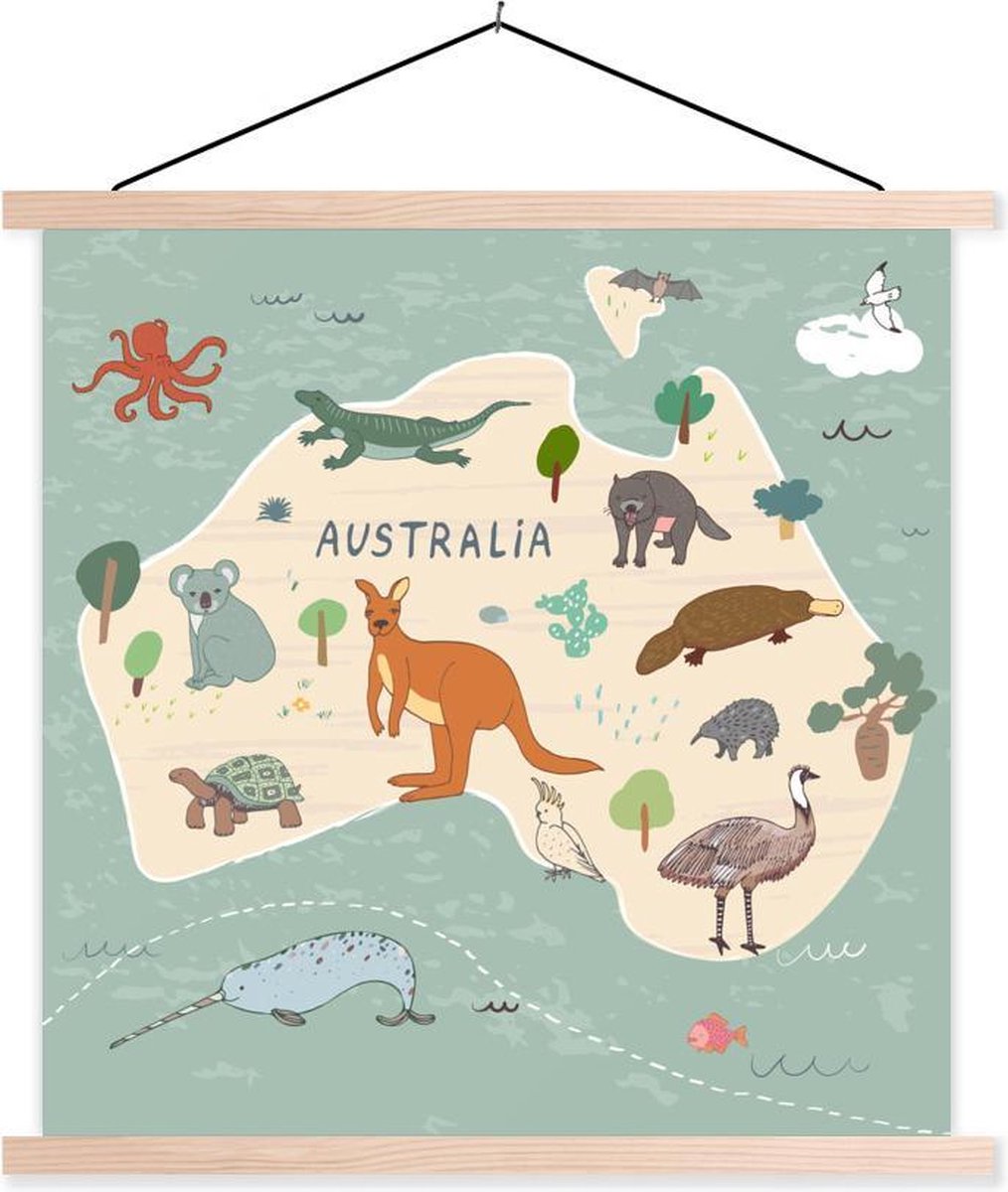 Kaart van Australië met dieren in het groen 120x120 cm
