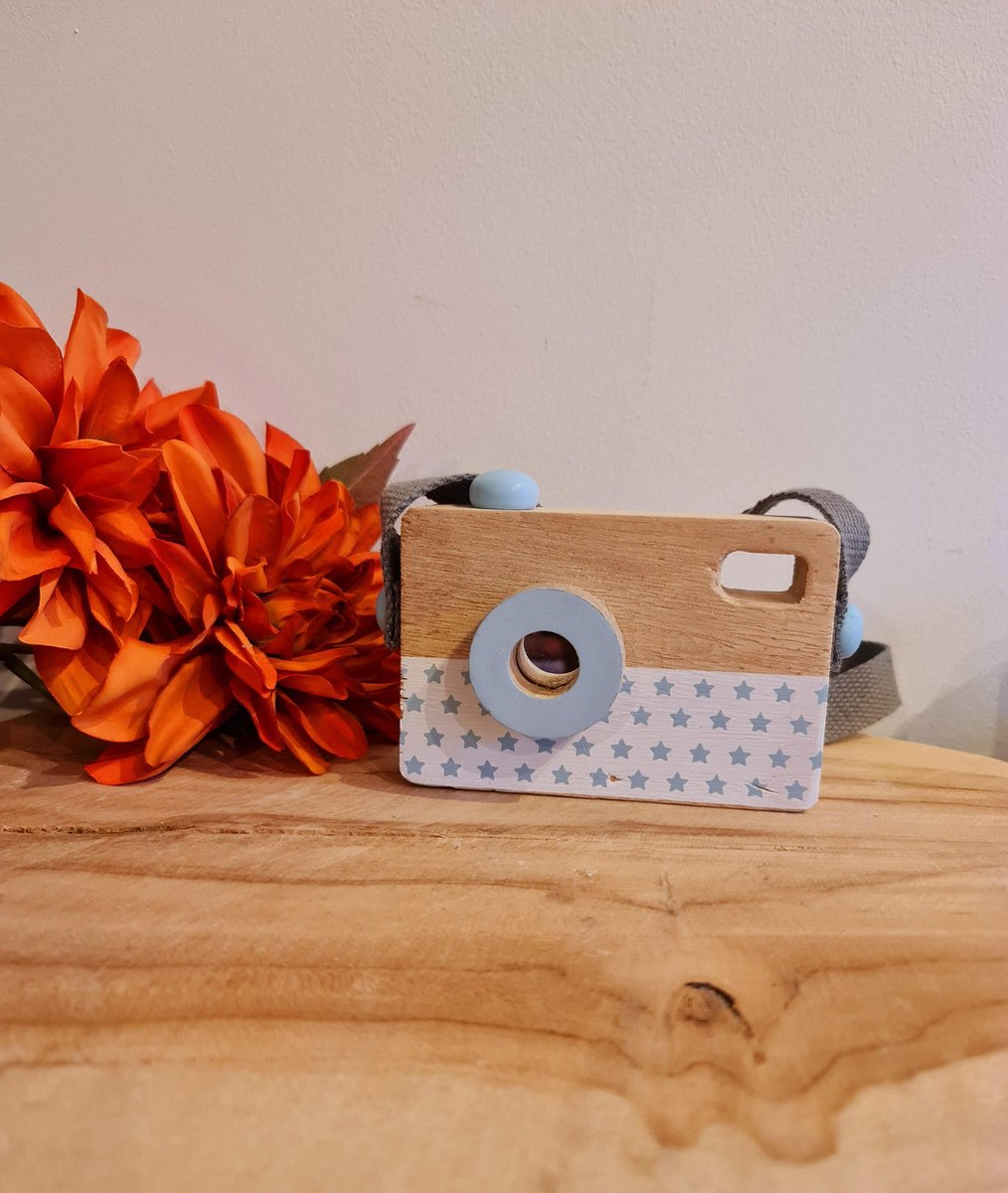 Houten Camera| Houten Camera voor Kinderen| Speelgoed Fototoestel | Speelgoed Camera| Kind| Baby| blauw/bruin/sterretjes